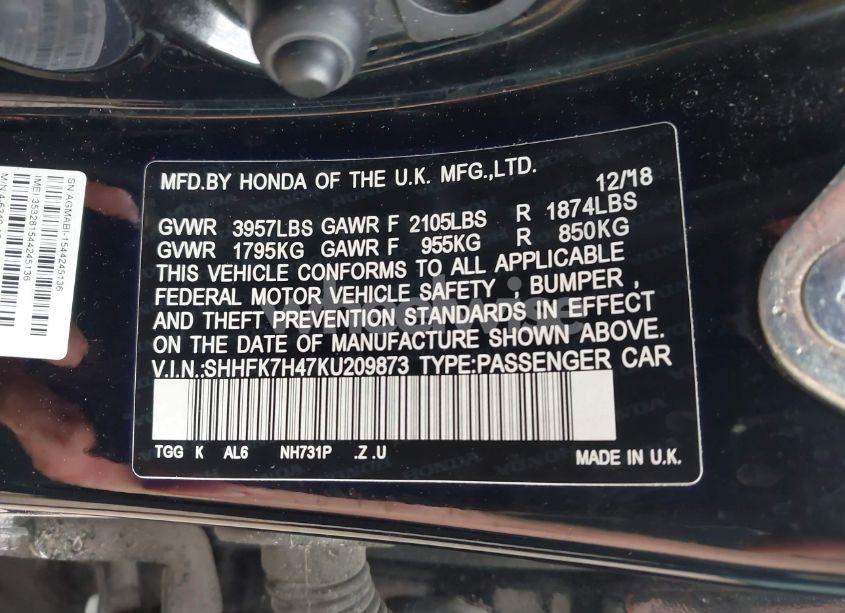 Photo 9 of 2019 Honda Civic SPORT (VIN SHHFK7H47KU209873)