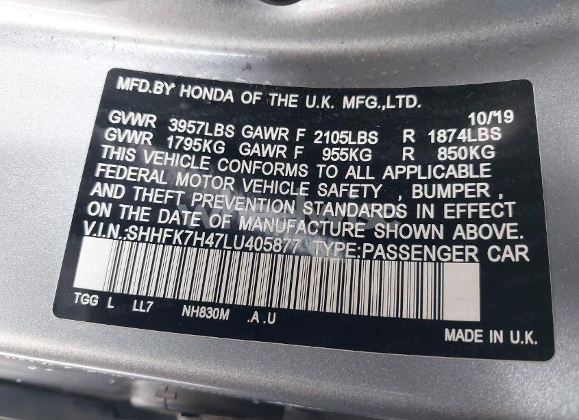 Photo 9 of 2020 Honda Civic SPORT (VIN SHHFK7H47LU405877)