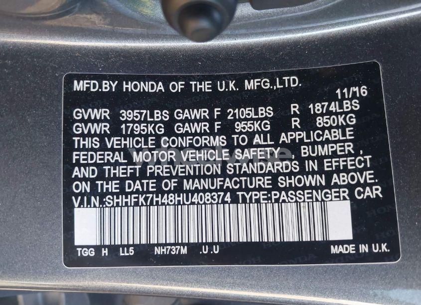 Photo 9 of 2017 Honda Civic SPORT (VIN SHHFK7H48HU408374)