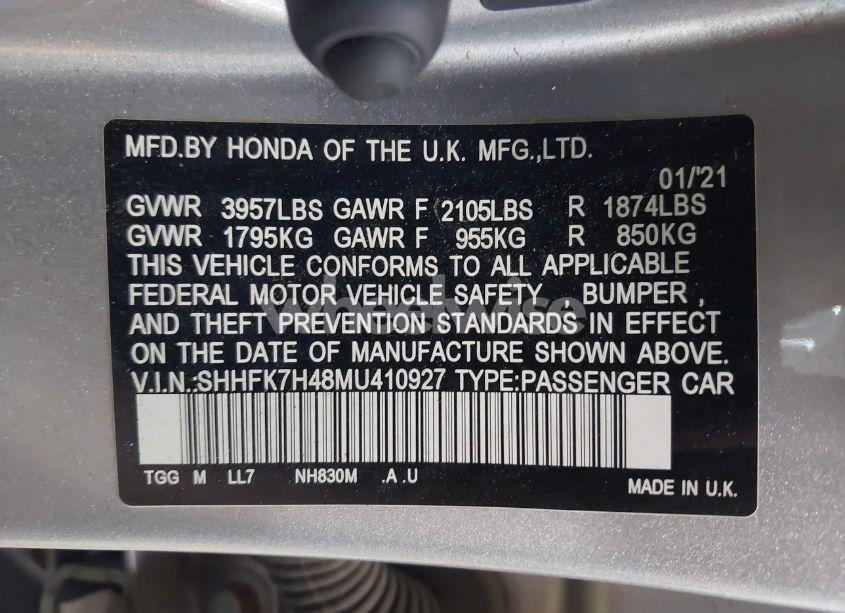 Photo 9 of 2021 Honda Civic SPORT (VIN SHHFK7H48MU410927)