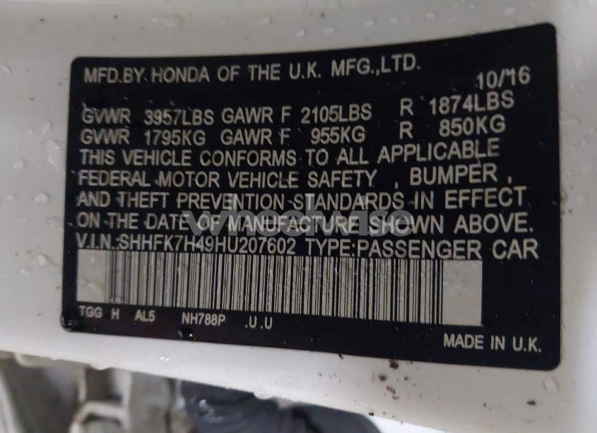 Photo 9 of 2017 Honda Civic SPORT (VIN SHHFK7H49HU207602)