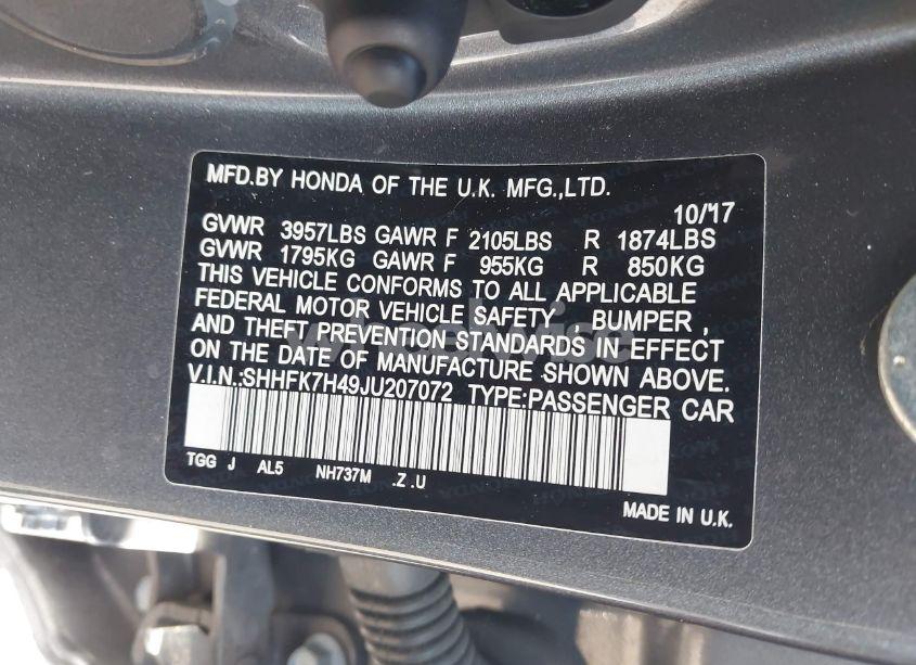 Photo 9 of 2018 Honda Civic SPORT (VIN SHHFK7H49JU207072)