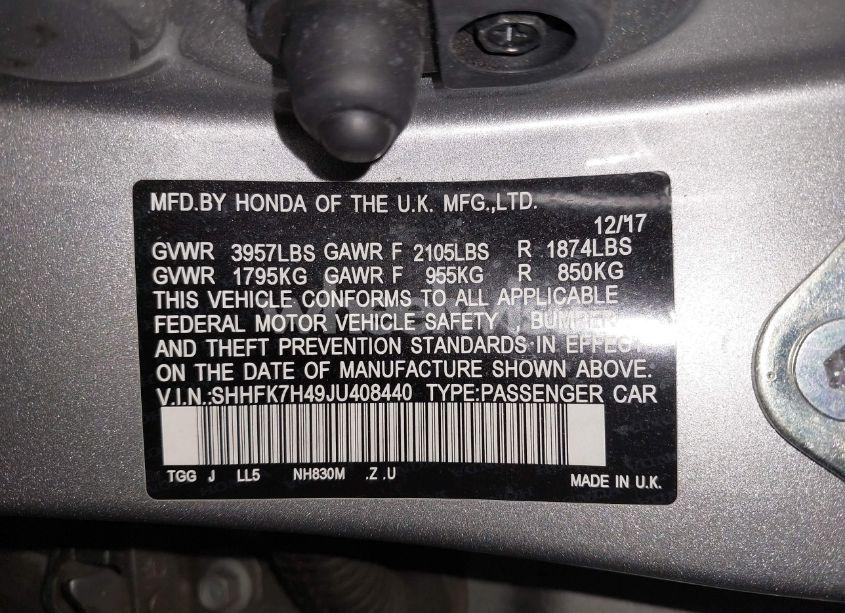 Photo 9 of 2018 Honda Civic SPORT (VIN SHHFK7H49JU408440)