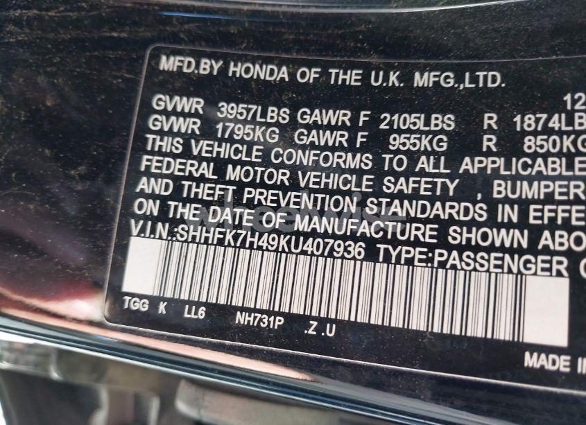 Photo 9 of 2019 Honda Civic SPORT (VIN SHHFK7H49KU407936)