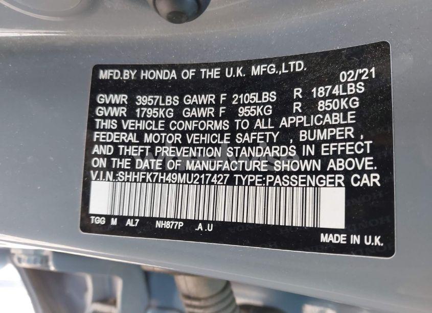 Photo 9 of 2021 Honda Civic SPORT (VIN SHHFK7H49MU217427)