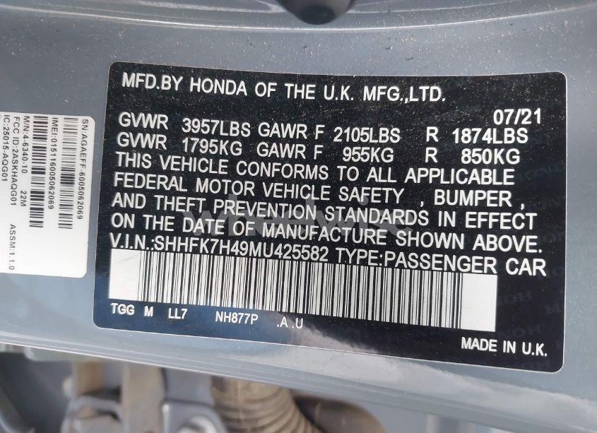 Photo 9 of 2021 Honda Civic SPORT (VIN SHHFK7H49MU425582)