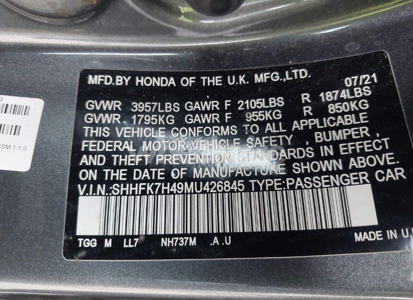 Photo 9 of 2021 Honda Civic SPORT (VIN SHHFK7H49MU426845)