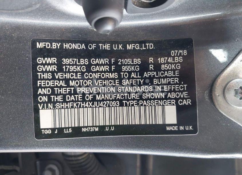 Photo 9 of 2018 Honda Civic SPORT (VIN SHHFK7H4XJU427093)