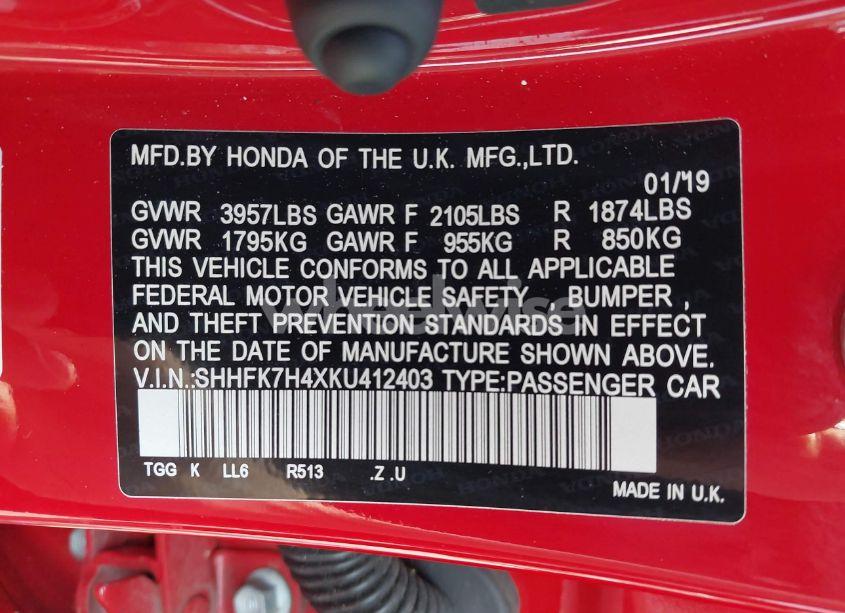 Photo 9 of 2019 Honda Civic SPORT (VIN SHHFK7H4XKU412403)