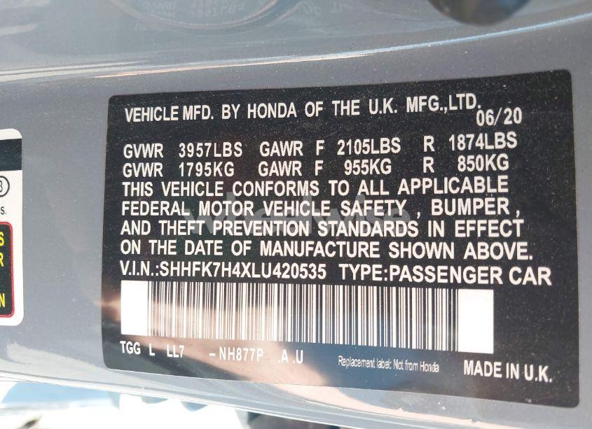 Photo 9 of 2020 Honda Civic SPORT (VIN SHHFK7H4XLU420535)