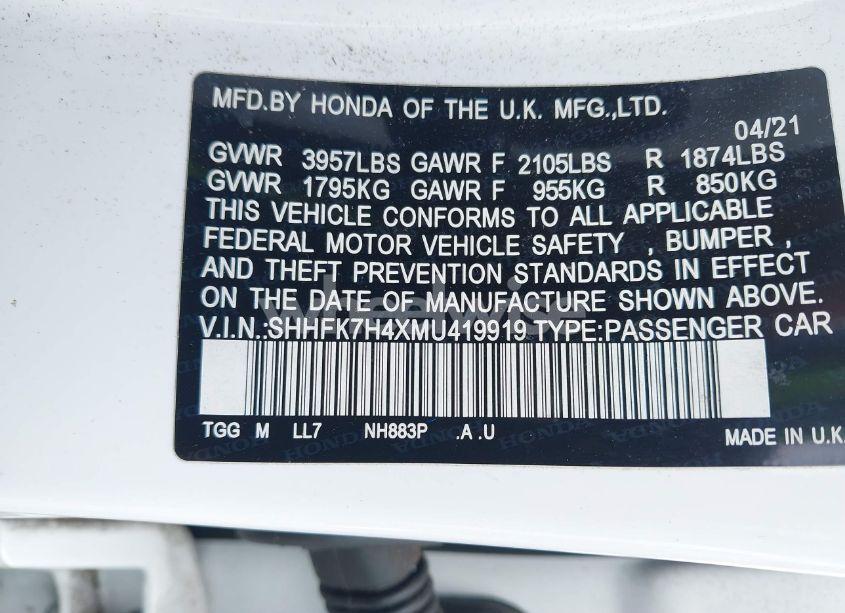 Photo 9 of 2021 Honda Civic SPORT (VIN SHHFK7H4XMU419919)