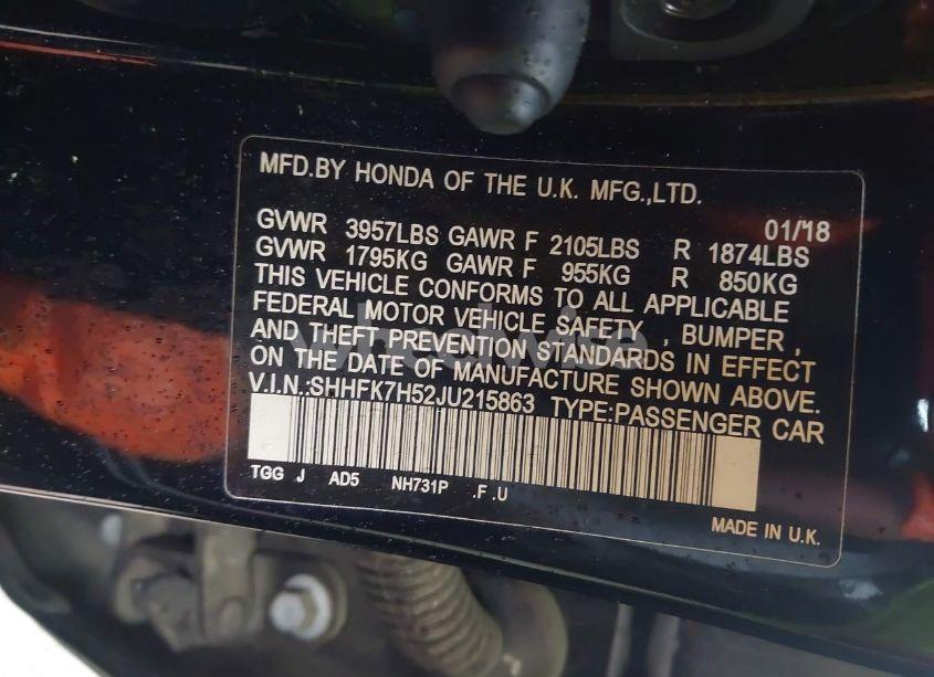 Photo 9 of 2018 Honda Civic EX (VIN SHHFK7H52JU215863)