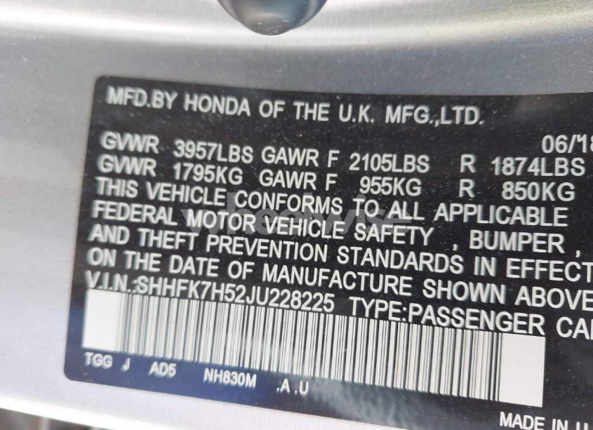 Photo 9 of 2018 Honda Civic EX (VIN SHHFK7H52JU228225)