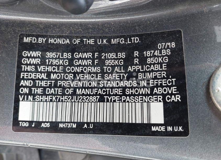 Photo 9 of 2018 Honda Civic EX (VIN SHHFK7H52JU232887)