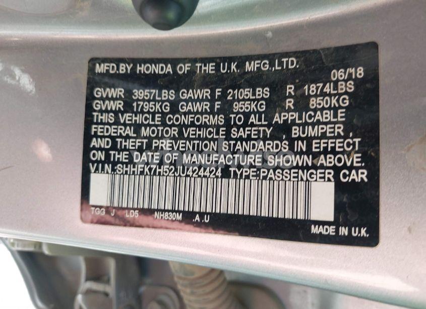 Photo 9 of 2018 Honda Civic EX (VIN SHHFK7H52JU424424)