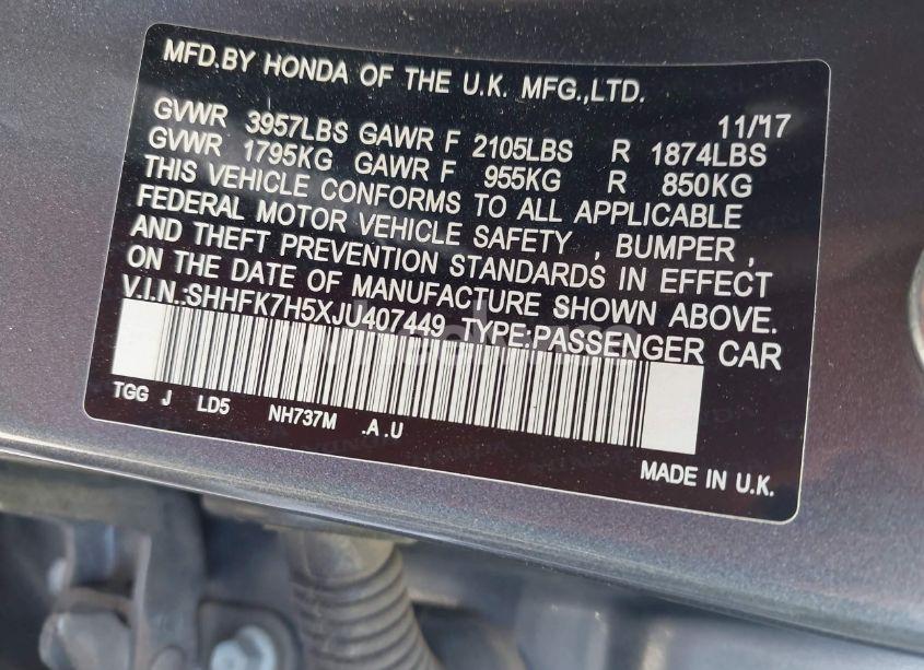 Photo 9 of 2018 Honda Civic EX (VIN SHHFK7H5XJU407449)