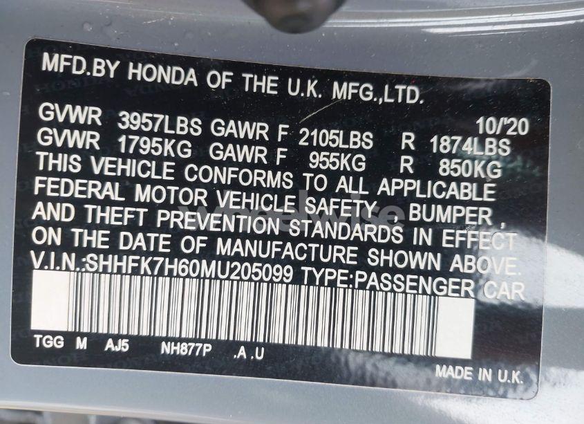 Photo 9 of 2021 Honda Civic EX (VIN SHHFK7H60MU205099)