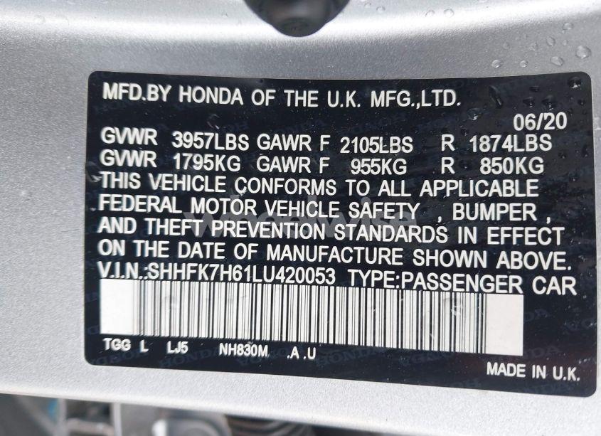 Photo 9 of 2020 Honda Civic EX (VIN SHHFK7H61LU420053)