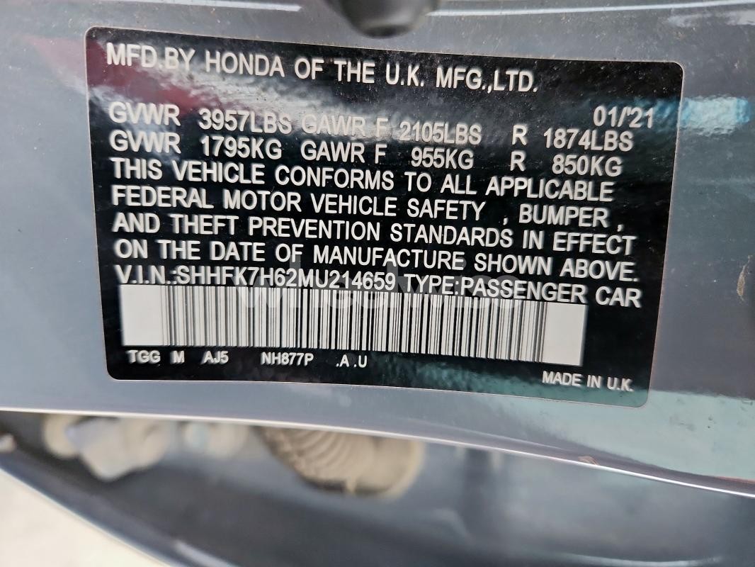 Photo 2 of 2021 HONDA CIVIC EX (VIN SHHFK7H62MU214659)