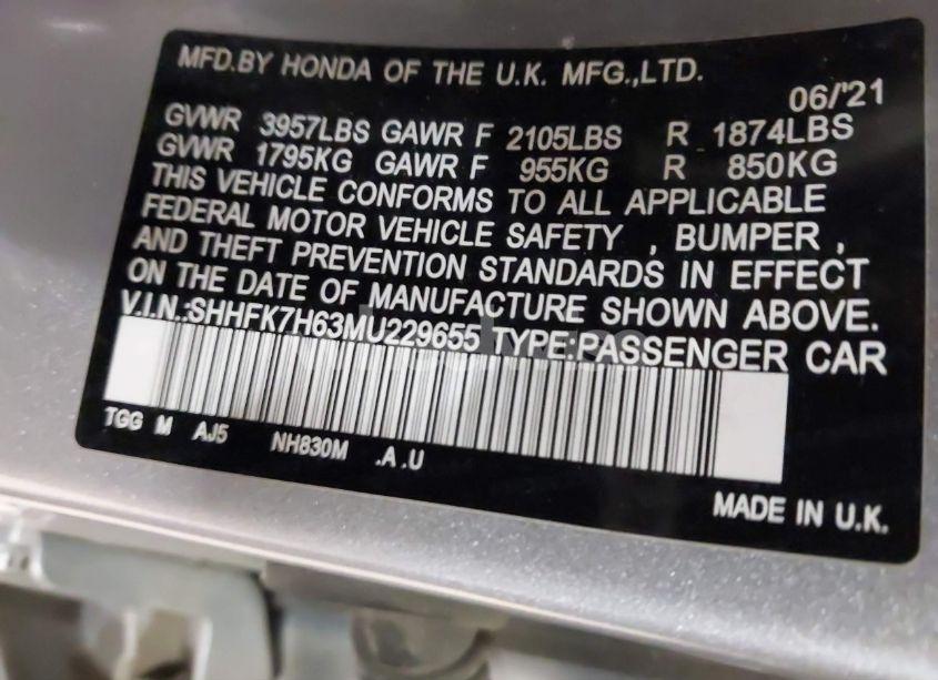 Photo 9 of 2021 Honda Civic EX (VIN SHHFK7H63MU229655)