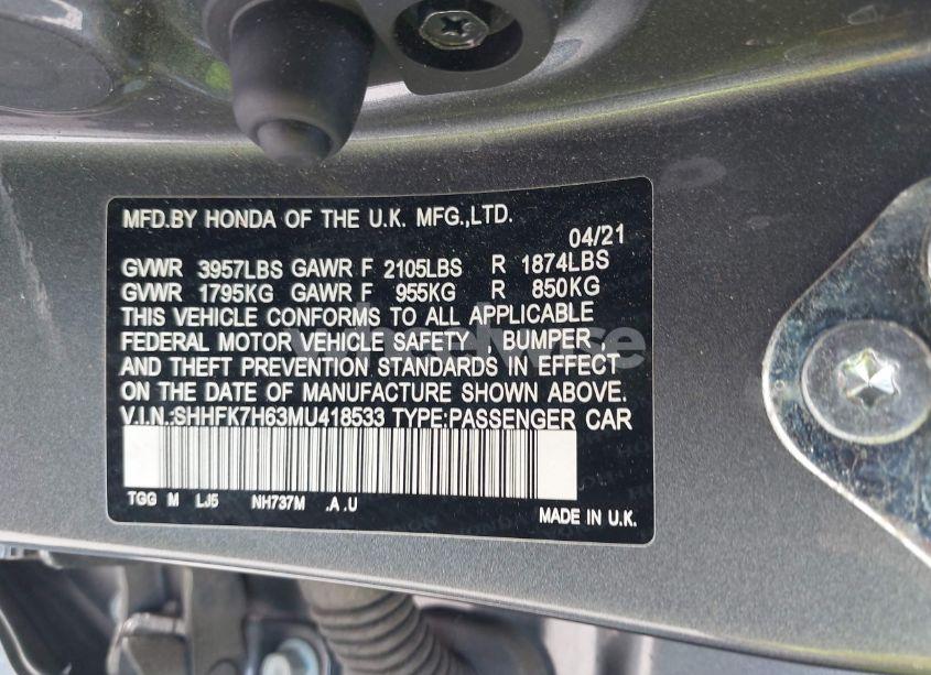 Photo 9 of 2021 Honda Civic EX (VIN SHHFK7H63MU418533)