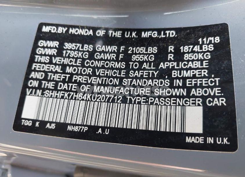 Photo 9 of 2019 Honda Civic EX (VIN SHHFK7H64KU207712)