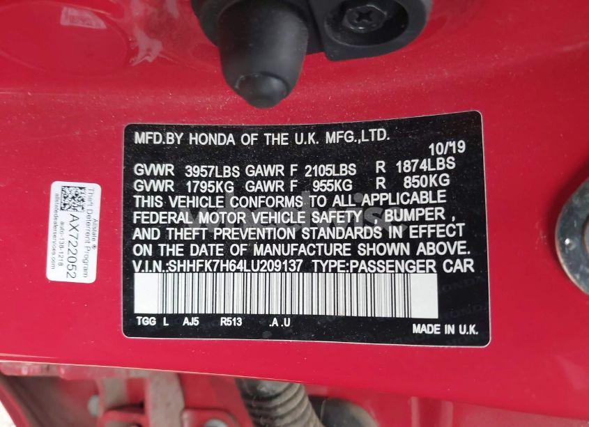 Photo 9 of 2020 Honda Civic EX (VIN SHHFK7H64LU209137)