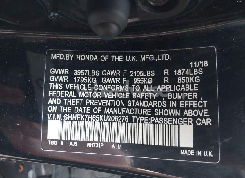 Photo 9 of 2019 Honda Civic EX (VIN SHHFK7H65KU206276)