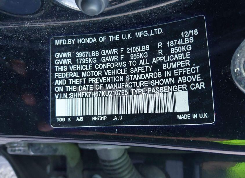 Photo 9 of 2019 Honda Civic EX (VIN SHHFK7H67KU210765)