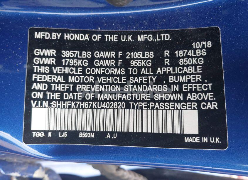 Photo 9 of 2019 Honda Civic EX (VIN SHHFK7H67KU402820)