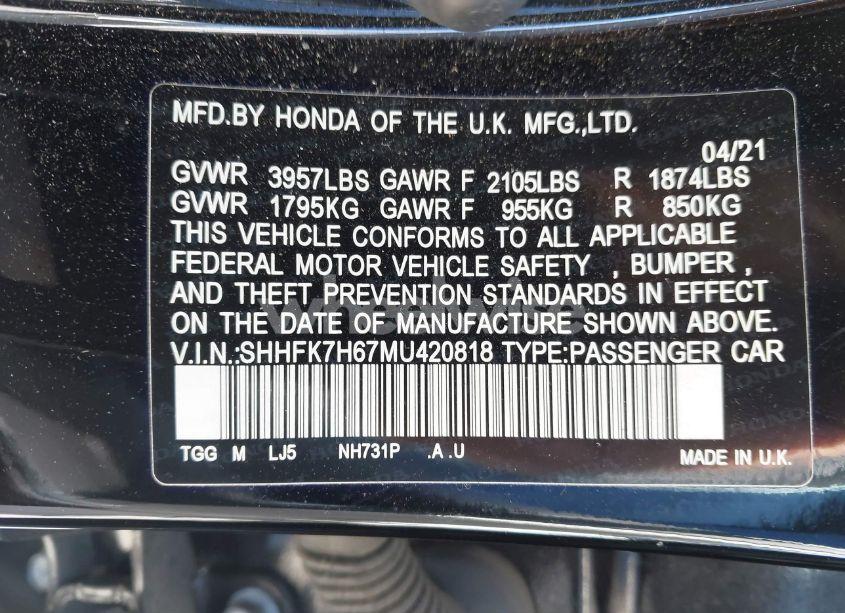 Photo 9 of 2021 Honda Civic EX (VIN SHHFK7H67MU420818)