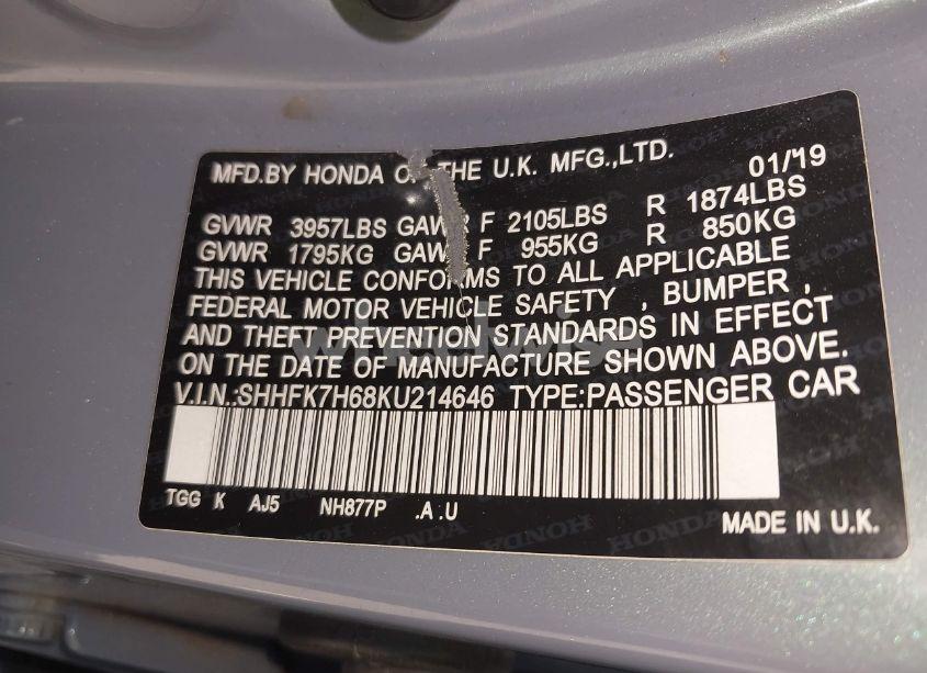 Photo 9 of 2019 Honda Civic EX (VIN SHHFK7H68KU214646)