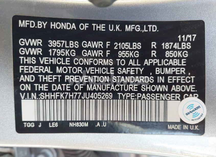 Photo 9 of 2018 Honda Civic EX-L (VIN SHHFK7H77JU405269)