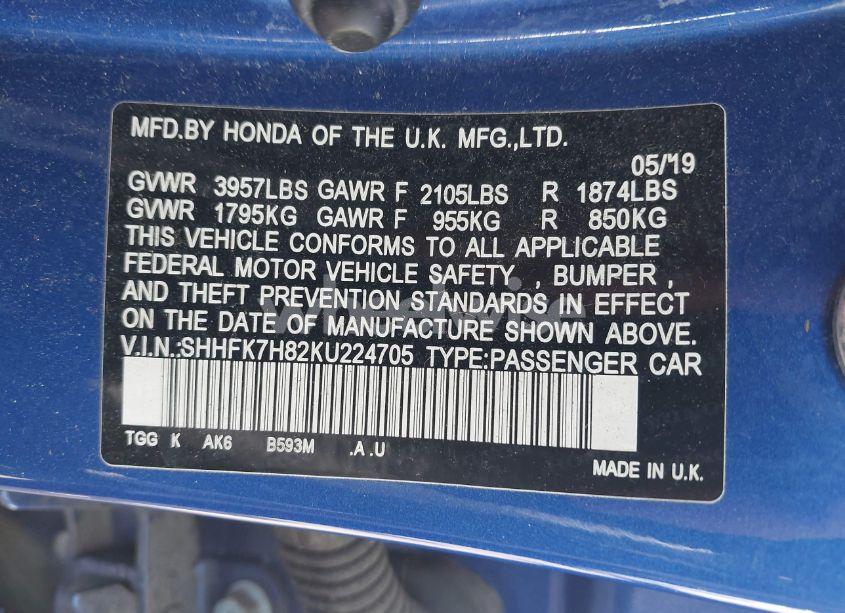 Photo 9 of 2019 Honda Civic EX-L (VIN SHHFK7H82KU224705)