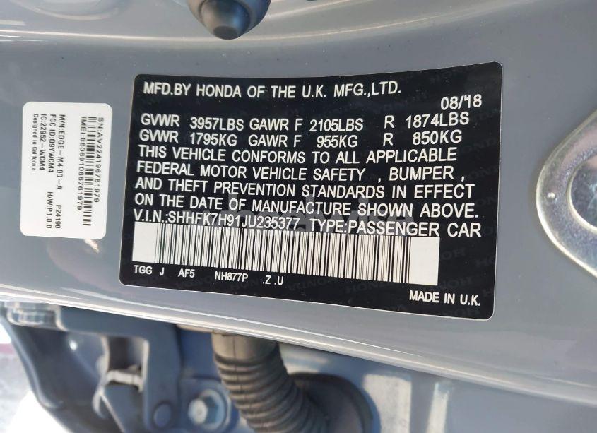 Photo 9 of 2018 Honda Civic SPORT TOURING (VIN SHHFK7H91JU235377)