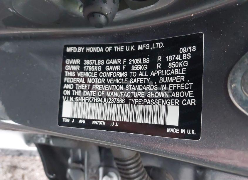 Photo 9 of 2018 Honda Civic SPORT TOURING (VIN SHHFK7H94JU237866)