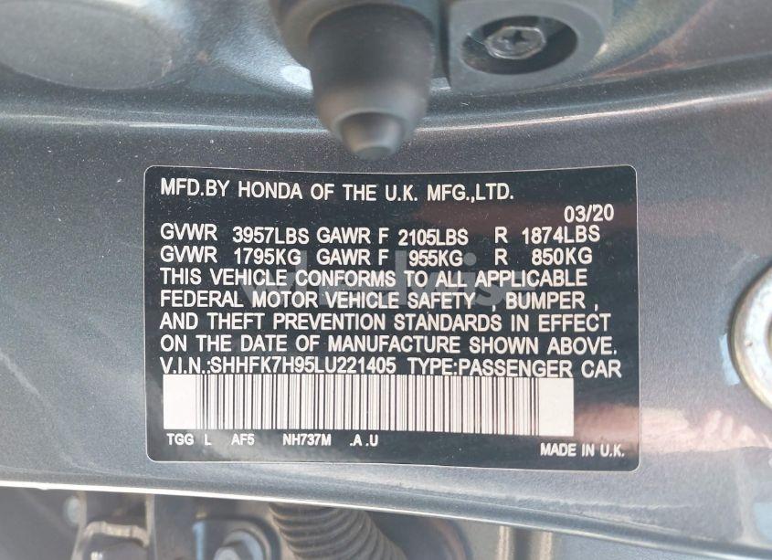 Photo 9 of 2020 Honda Civic SPORT TOURING (VIN SHHFK7H95LU221405)