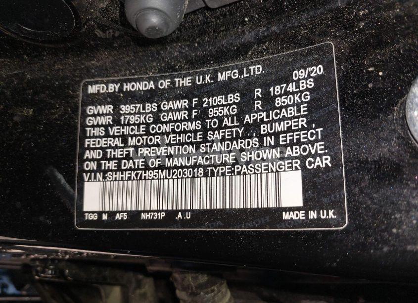 Photo 9 of 2021 Honda Civic SPORT TOURING (VIN SHHFK7H95MU203018)