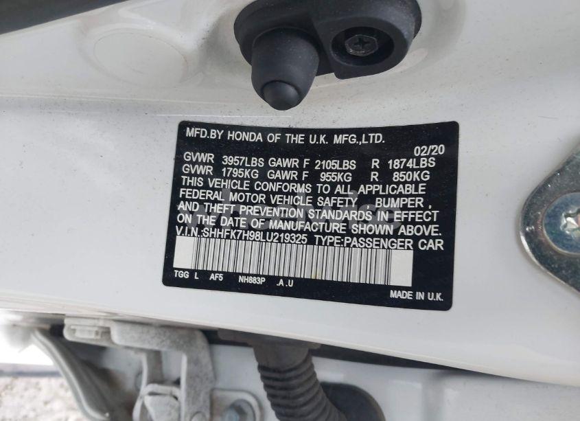 Photo 9 of 2020 Honda Civic SPORT TOURING (VIN SHHFK7H98LU219325)