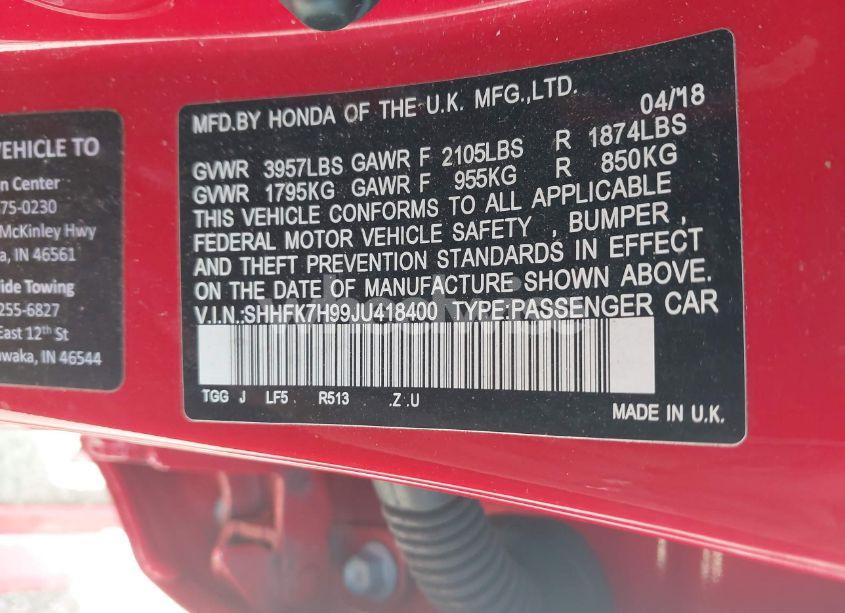 Photo 9 of 2018 Honda Civic SPORT TOURING (VIN SHHFK7H99JU418400)