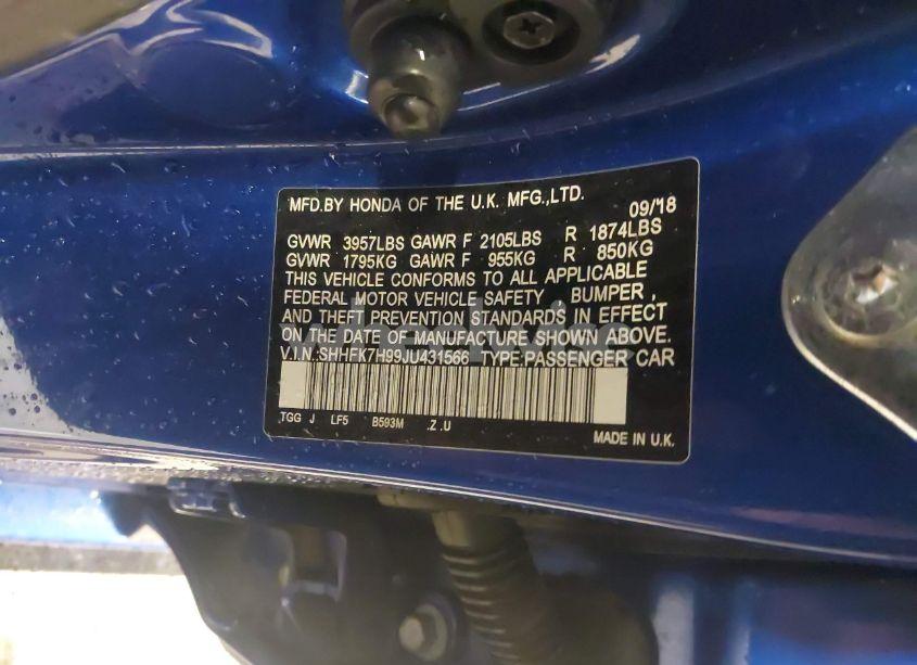 Photo 9 of 2018 Honda Civic SPORT TOURING (VIN SHHFK7H99JU431566)