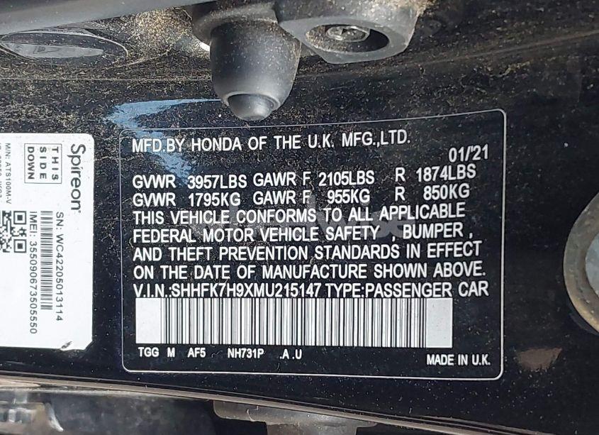 Photo 9 of 2021 Honda Civic SPORT TOURING (VIN SHHFK7H9XMU215147)