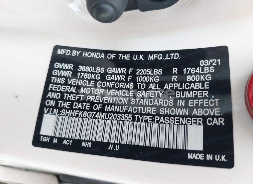 Photo 9 of 2021 Honda Civic TYPE R TOURING (VIN SHHFK8G74MU203355)