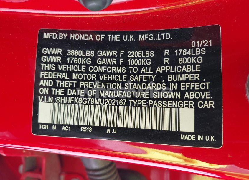 Photo 9 of 2021 Honda Civic TYPE R TOURING (VIN SHHFK8G79MU202167)