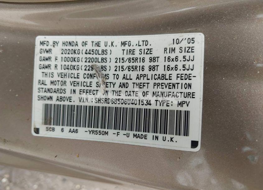 Photo 9 of 2006 Honda Cr-v LX (VIN SHSRD68506U401534)