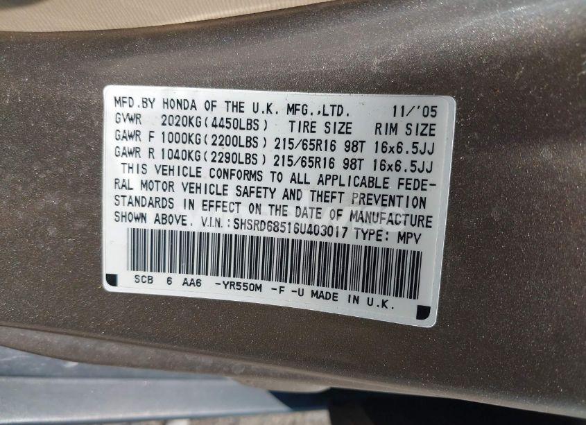 Photo 9 of 2006 Honda Cr-v LX (VIN SHSRD68516U403017)