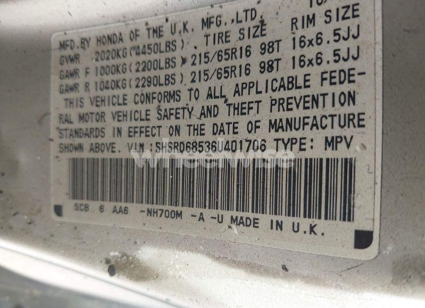 Photo 9 of 2006 Honda Cr-v LX (VIN SHSRD68536U401706)