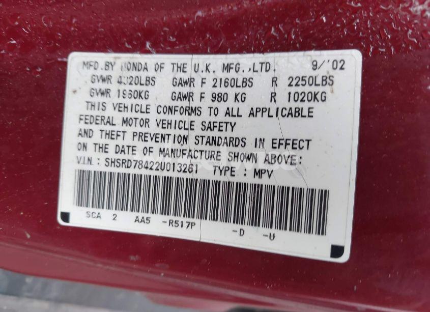 Photo 9 of 2002 Honda Cr-v LX (VIN SHSRD78422U013261)
