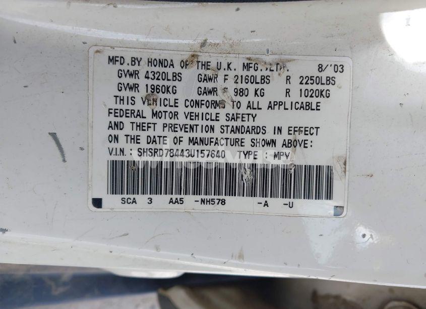 Photo 9 of 2003 Honda Cr-v LX (VIN SHSRD78443U157640)