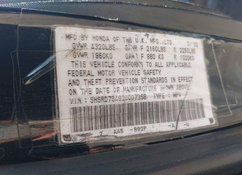 Photo 9 of 2002 Honda Cr-v LX (VIN SHSRD78492U007358)